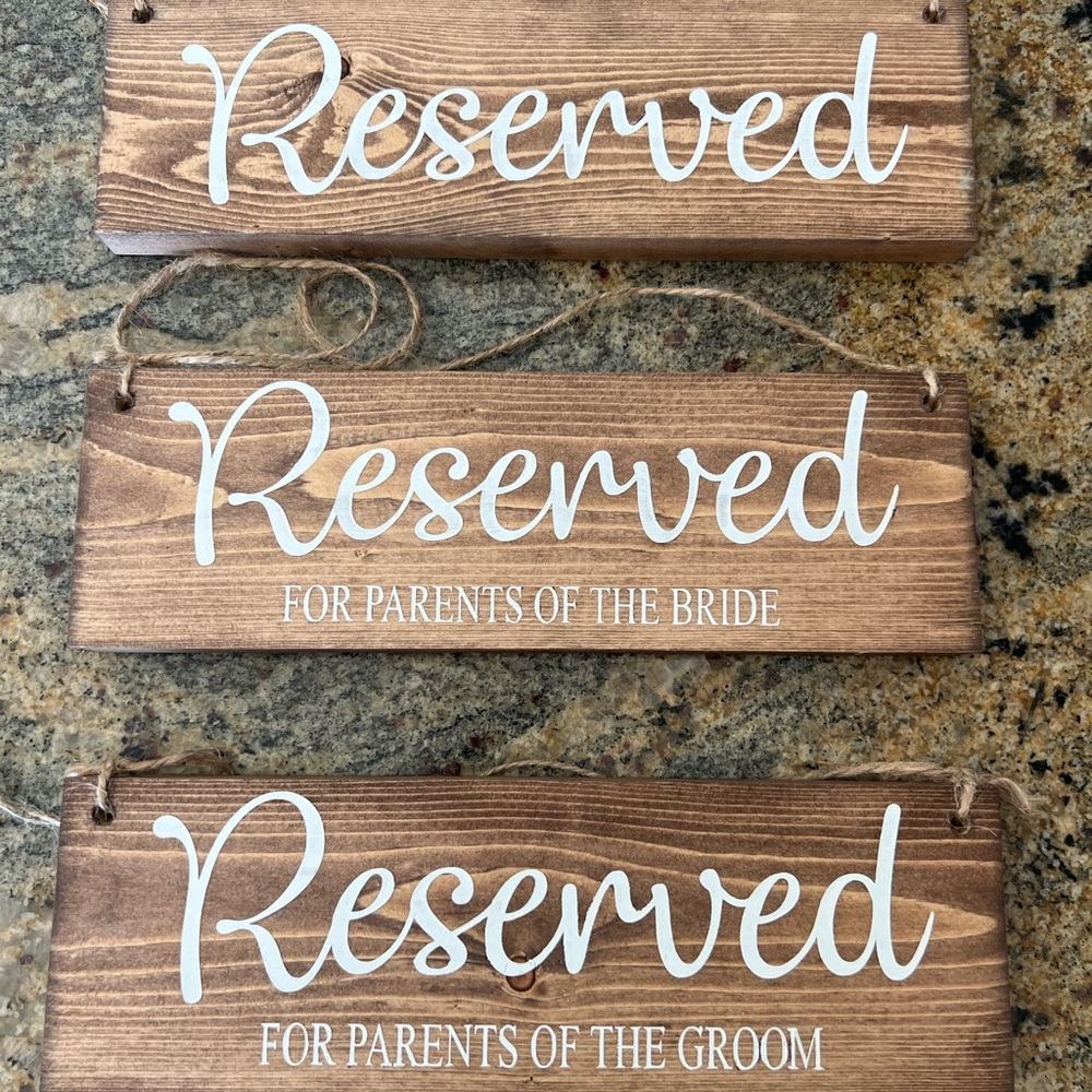 Wedding reserved signs for ceremony. Wooden reserve signs.